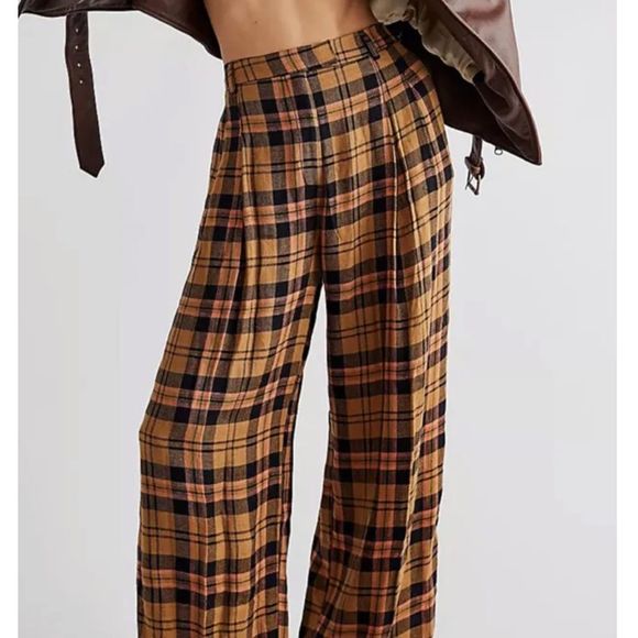 Free People Pants - Free People Lyla Menswear Plaid Trouser Slouchy Wide Leg Olive Black Rose